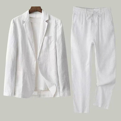 Spring Summer Men Suit Fashion Men Cotton Linen Two-piece Set Blazer Jacket + Pants Casual Business Thin Clothing Breathable