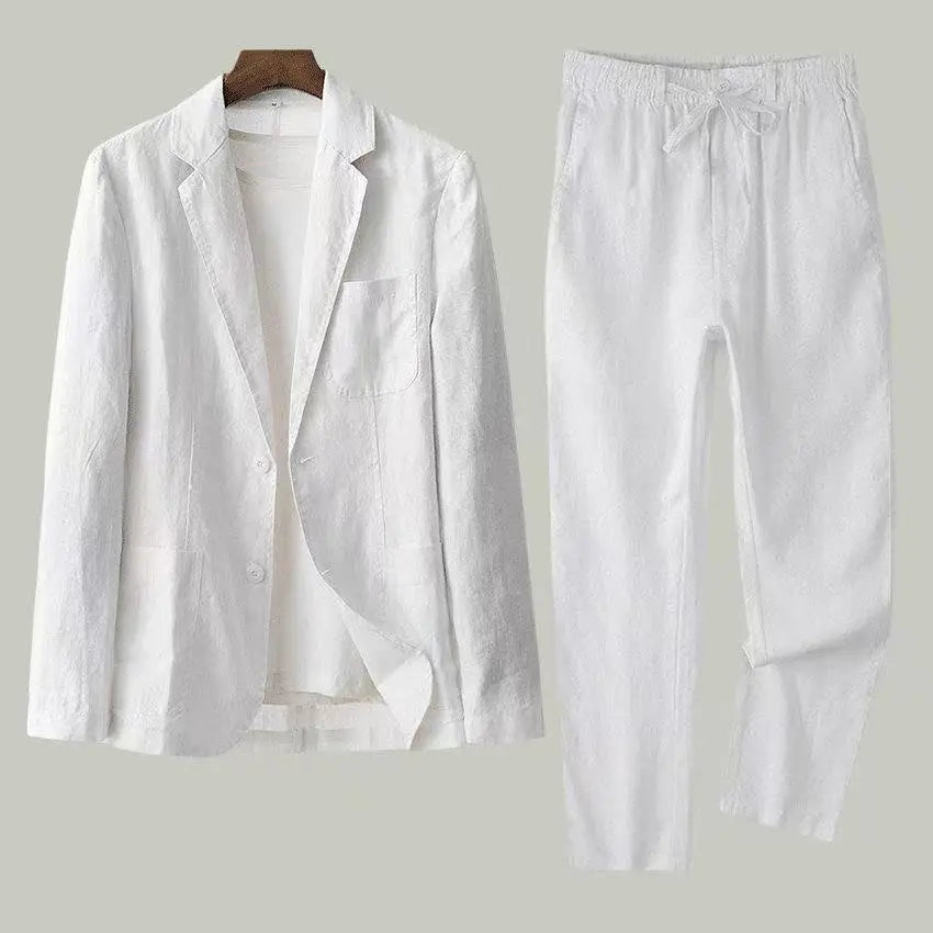 Spring Summer Men Suit Fashion Men Cotton Linen Two-piece Set Blazer Jacket + Pants Casual Business Thin Clothing Breathable