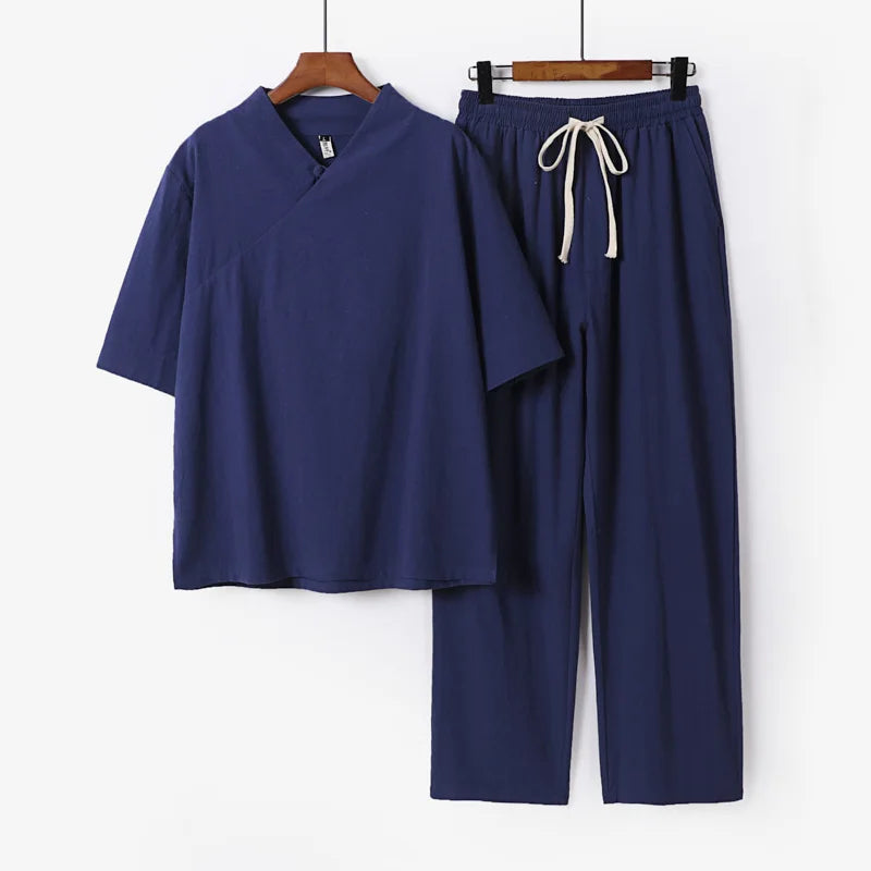 Linen Sets Men Sprint Summer T-shirt Pants Suits Casual Solid Color Suits Male Plus Size 9XL Chinese Traditional Style Sets
