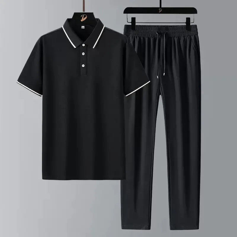 New Summer Fashion Trendy Comfortable Breathable Short Sleeve Polo Shirt Set Men's Casual Loose Sports Plus Size Two-Piece Set