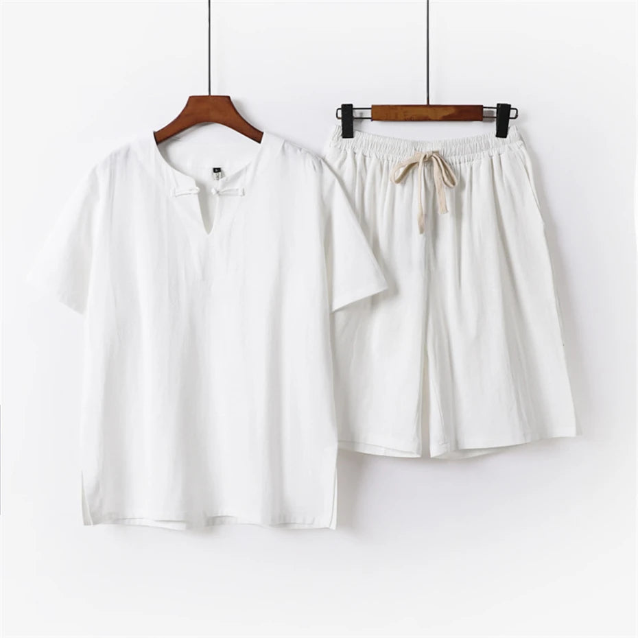 Summer Sets Men Linen T-shirt Shorts Suits Fashion Casual Solid Color Suits Male Plus Size 9XL Chinese Traditional Style Sets