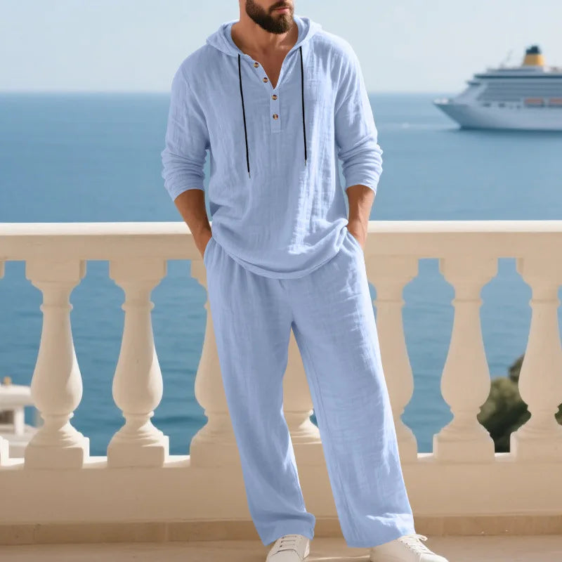 Spring Summer Linen Men's Casual Suit Loose Hooded Henley Long Sleeve Long Pants Set Solid Color Fashion Casual
