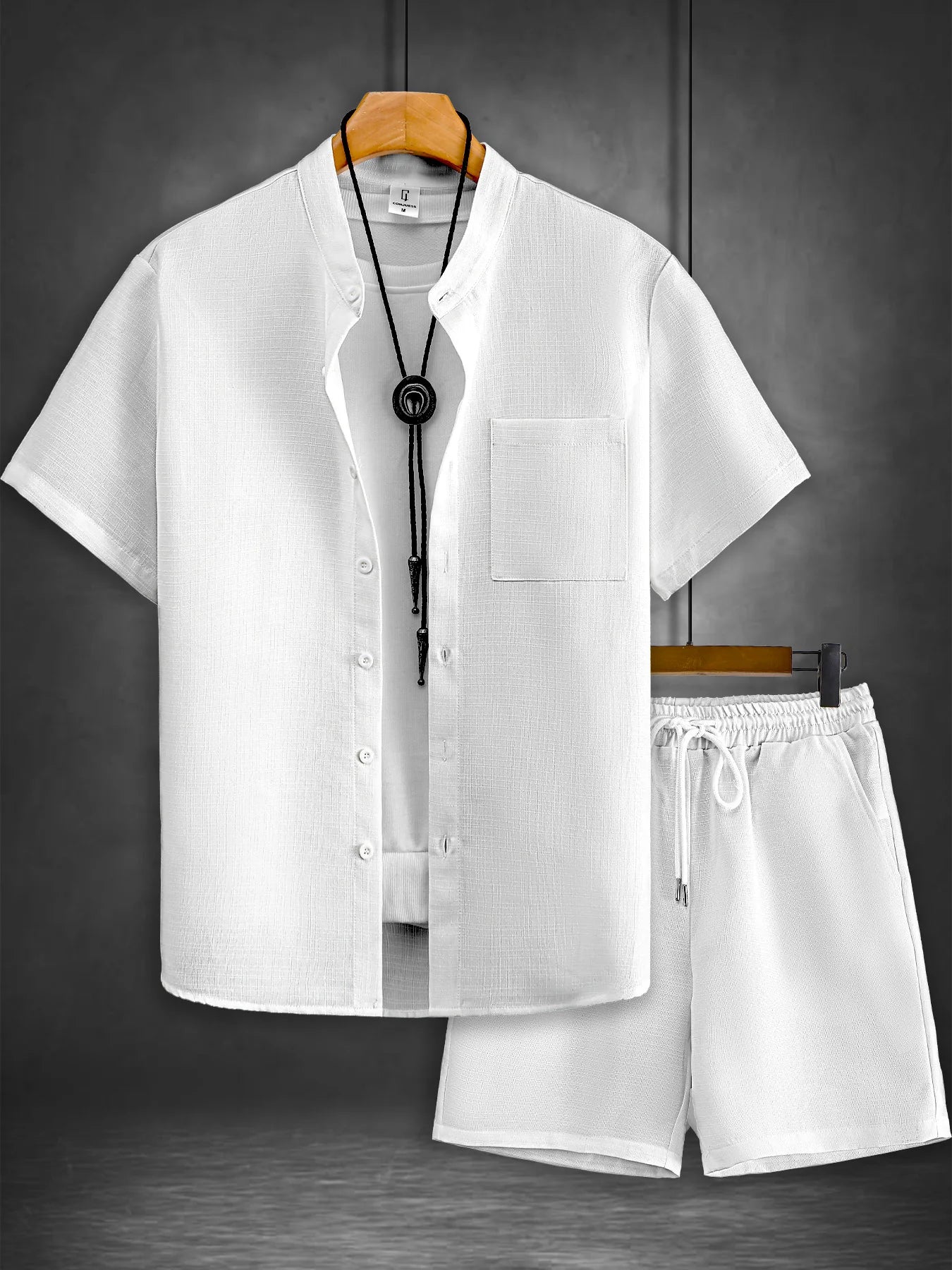 Summer Men's Cotton Linen Texture Stand Collar Short Sleeve Shirt & Shorts Casual Set, Loose Breathable Two-Piece Outfit