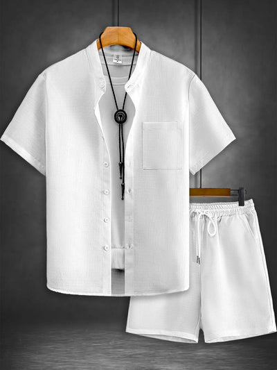 Summer Men's Cotton Linen Texture Stand Collar Short Sleeve Shirt & Shorts Casual Set, Loose Breathable Two-Piece Outfit