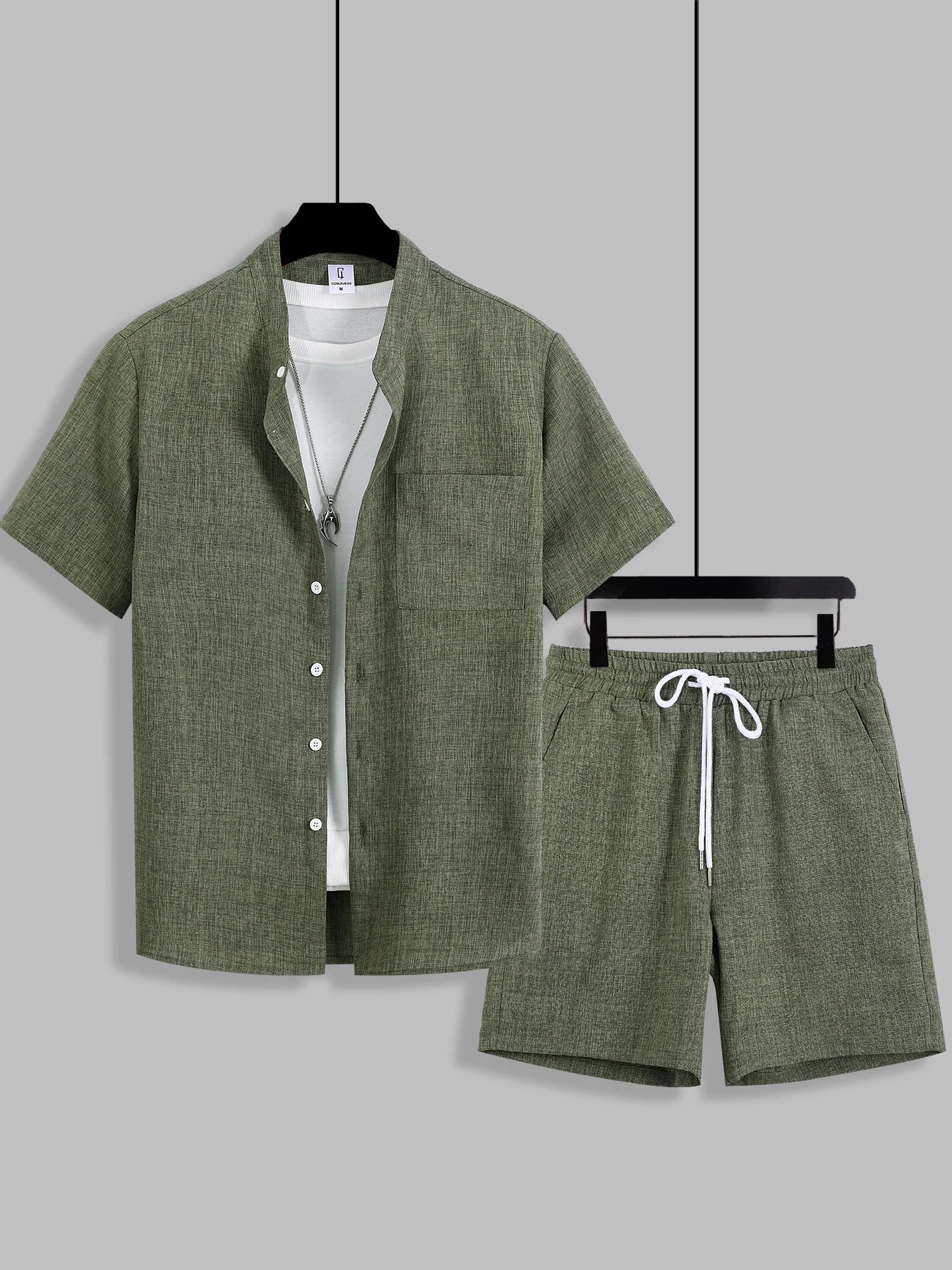 Summer Men's Cotton Linen Texture Stand Collar Short Sleeve Shirt & Shorts Casual Set, Loose Breathable Two-Piece Outfit