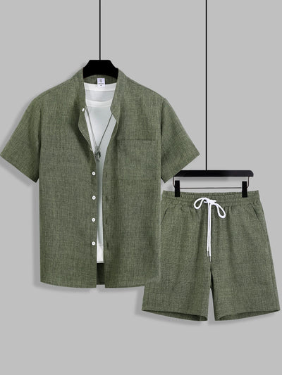 Summer Men's Cotton Linen Texture Stand Collar Short Sleeve Shirt & Shorts Casual Set, Loose Breathable Two-Piece Outfit