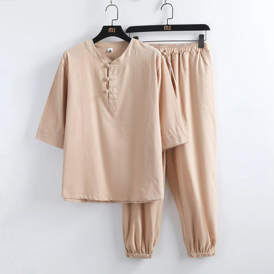 New Men's Cotton Linen Sets Chinese Style Solid Short Sleeve Pants Two Pieces Traditional Clothes Kung Fu Uniform Tang Suit Male