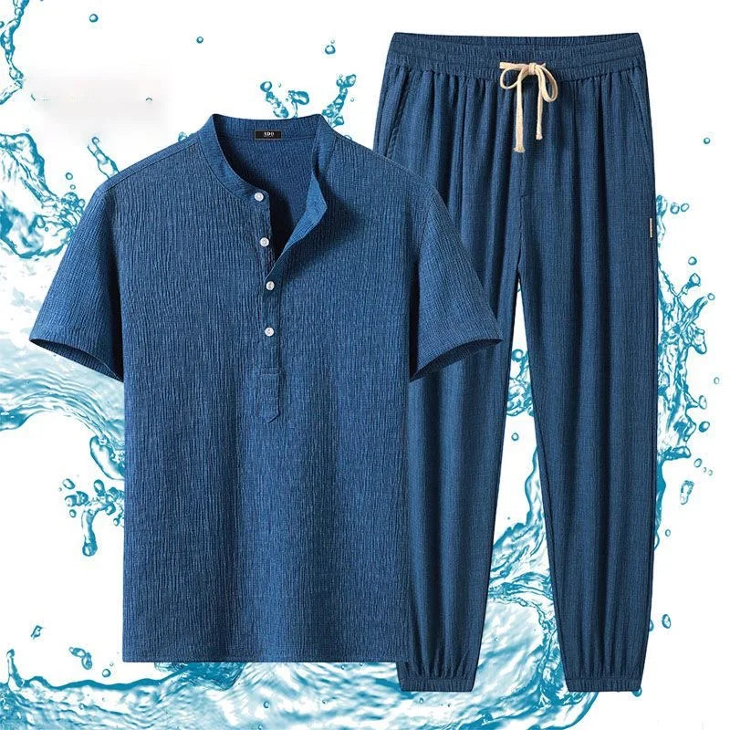 Summer Solid Color Ice Silk Sports Breathable Short Sleeve T-shirt Set Men's Casual Loose Large Size High-Grade Two-Piece Set