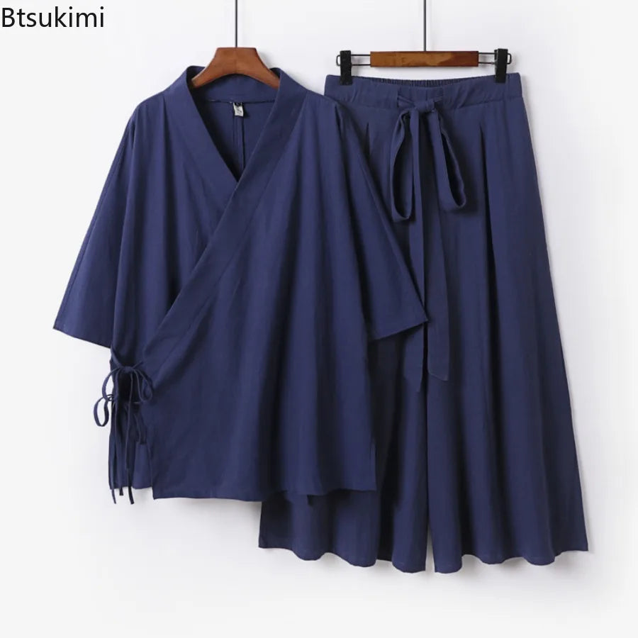 2026 Chinese Style Men's Linen Suit Tang Style Zen Style Hanfu Taoist Long Robe Top Pants Cotton and Linen Loose Two-piece Set