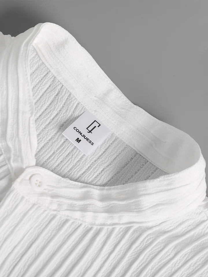 Men's White Vertical Striped Textured Henley Shirt Casual Set 2 Piece Summer Short Sleeve Drawstring Pants Outfit