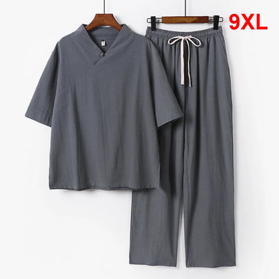 Linen Sets Men Sprint Summer T-shirt Pants Suits Casual Solid Color Suits Male Plus Size 9XL Chinese Traditional Style Sets