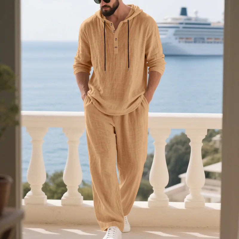 Man's 2pcs Set, 8 colors Linen European and American new summer men's fashion pure color casual Long-sleeved Shirt & Pants suit