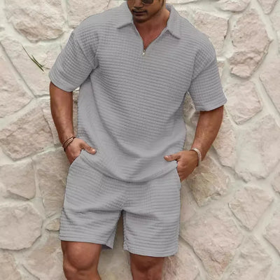 2025 Summer Men's Set New Fashionable Style Simple Waffle Color Solid Color Collar Polo Shirt Short Sleeve Shorts Sports Set