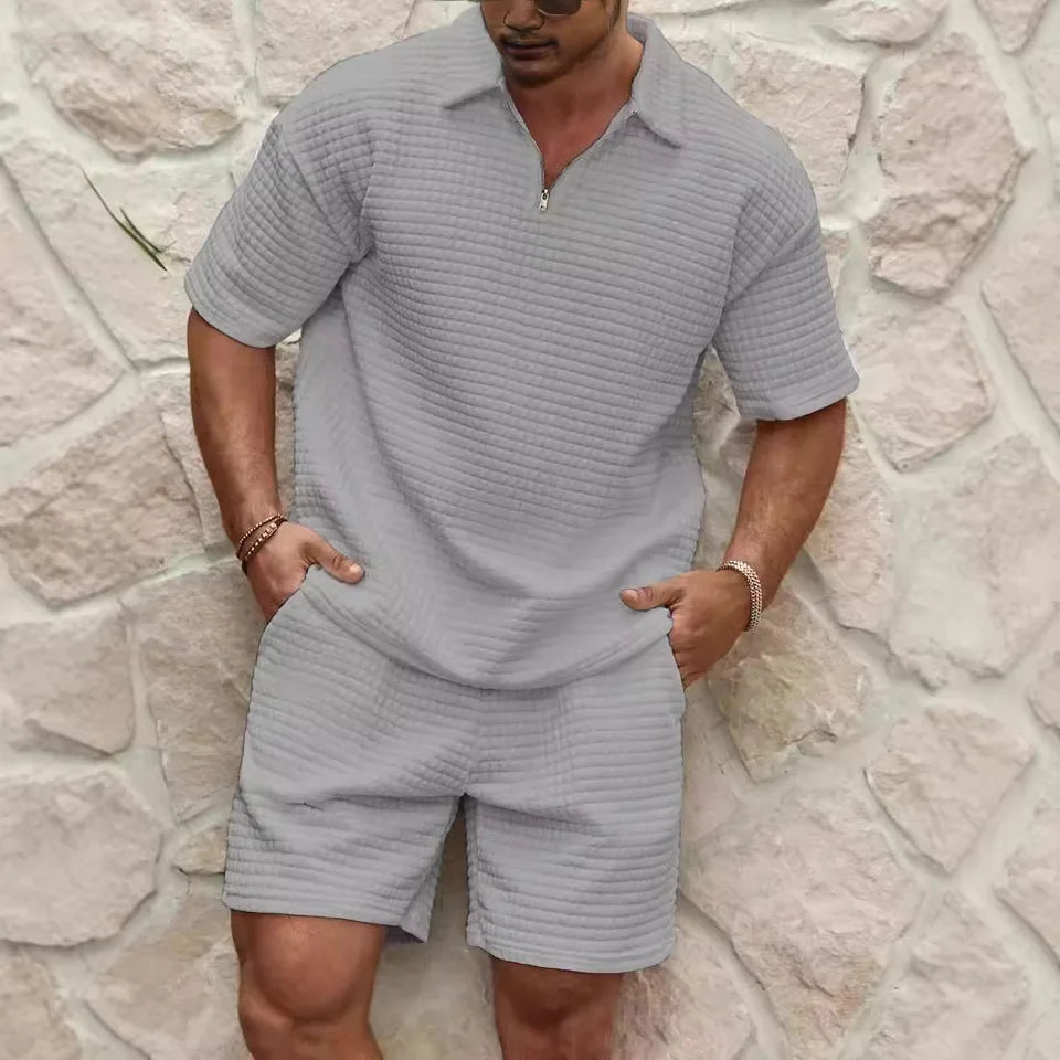 2025 Summer Men's Set New Fashionable Style Simple Waffle Color Solid Color Collar Polo Shirt Short Sleeve Shorts Sports Set