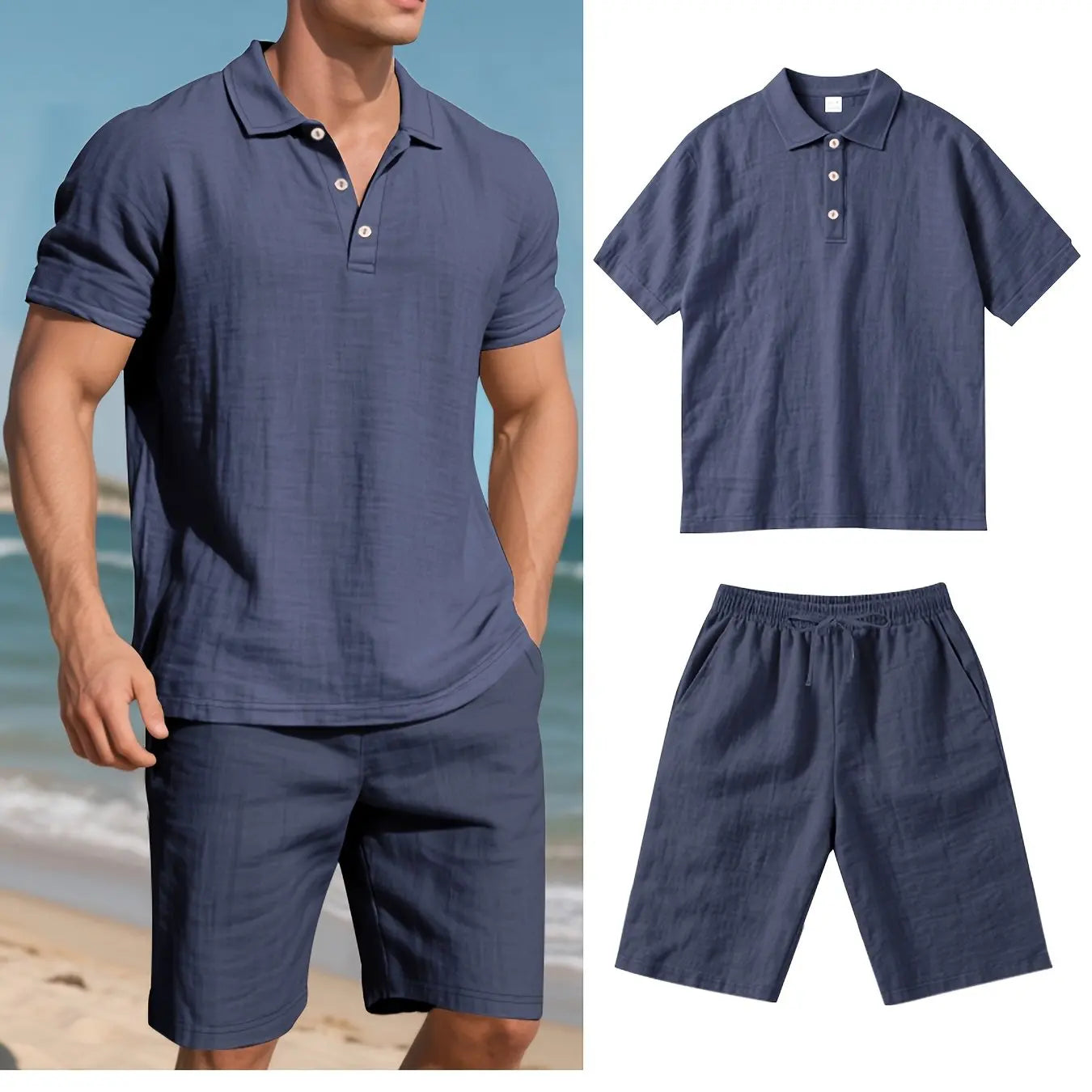 Summer Men Suit Fashion Linen Lapel Button 2 Piece Set Short-sleeved Polo Shirts+Shorts Sportswear Beach Man Suit