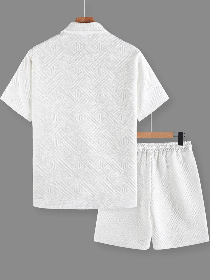Men's Korean Luxury Textured Set, 3D Embossed Shirt & Matching Shorts, Loungewear