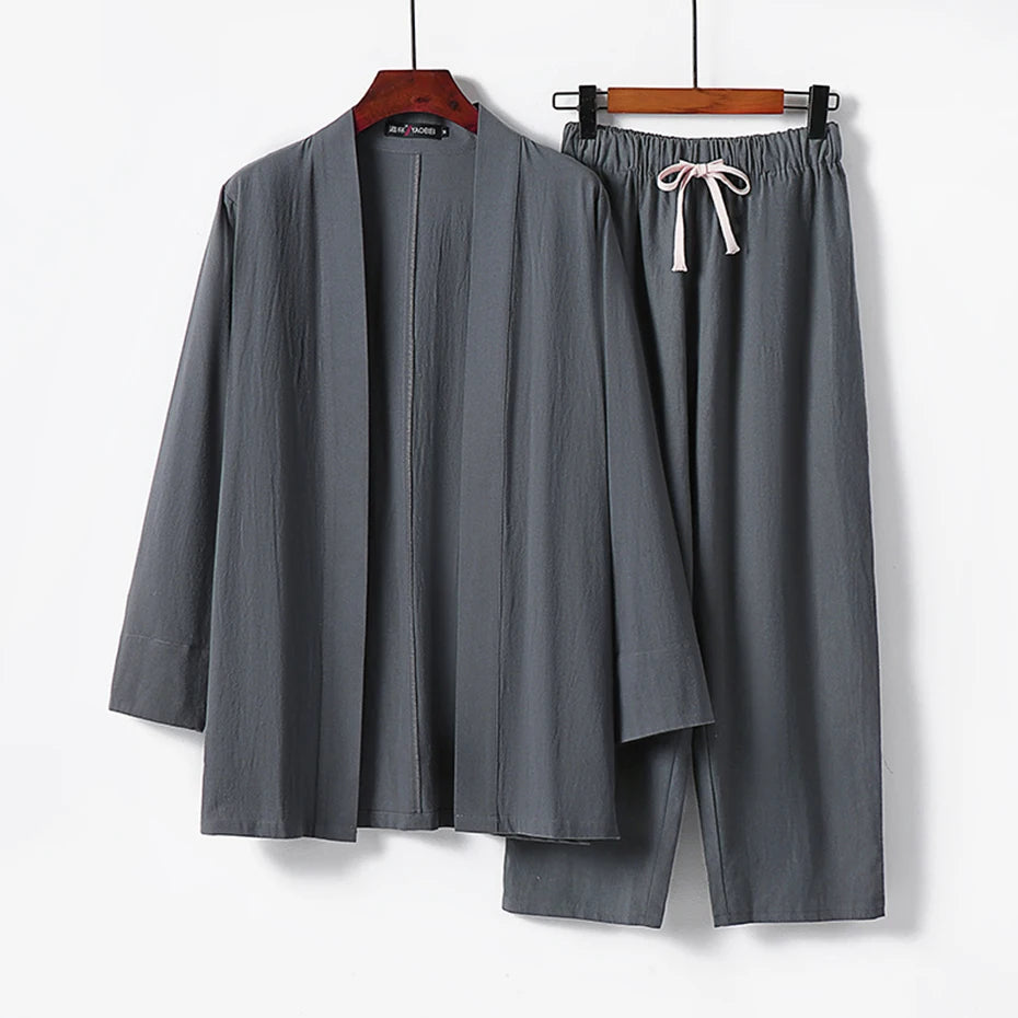 9XL Plus Size Shirts Pants Sets Japan Style Cotton Linen Kimono Suits Man Big Size Summer Shirts and Pants Sets 8XL 7XL