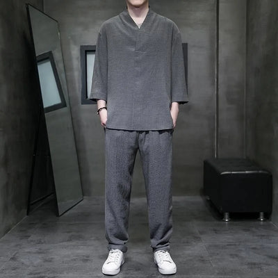 Spring Summer Thin Men Set Two Pieces Ice Silk V Neck Button Half Sleeve Tops Breathble Solid Color Pants Fashion Set