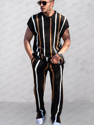 Trendy Stripes Openwork Knit Set