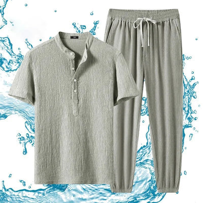 Summer Solid Color Ice Silk Sports Breathable Short Sleeve T-shirt Set Men's Casual Loose Large Size High-Grade Two-Piece Set