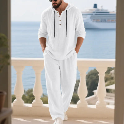 Man's 2pcs Set, 8 colors Linen European and American new summer men's fashion pure color casual Long-sleeved Shirt & Pants suit