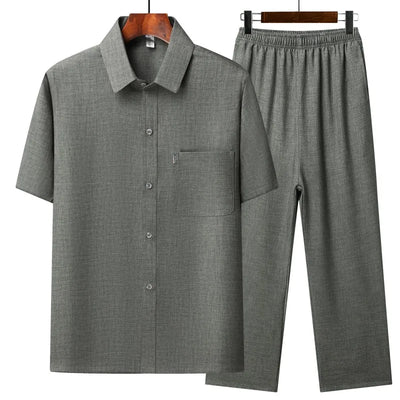 Tang Suit Summer Men's Chinese Style Solid color Short-Sleeved Suit Casual Fashion Cotton Linen Shirt + Pants 2-piece Set