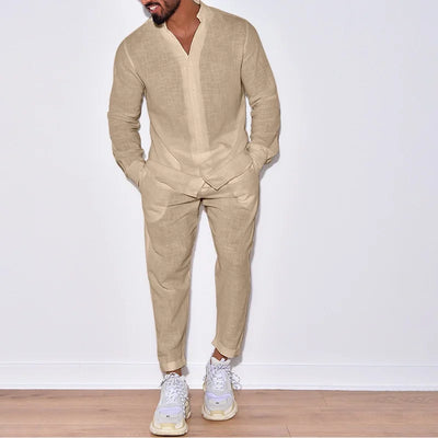 New Men's Breathable Long-Sleeve Shirt Set & Men's 100% Cotton Solid Color Casual Trousers Two-Piece Set for a Resort Style