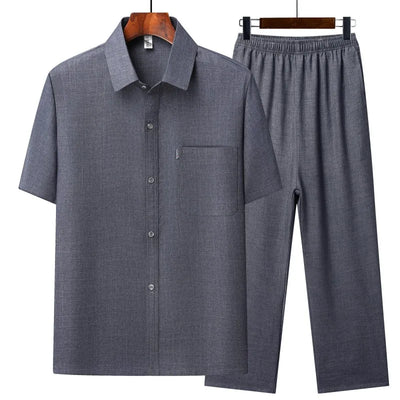 Tang Suit Summer Men's Chinese Style Solid color Short-Sleeved Suit Casual Fashion Cotton Linen Shirt + Pants 2-piece Set