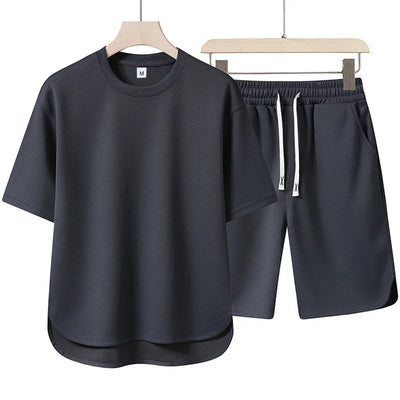 2026 Summer New Men Suit Round Neck Short Sleeve T-shirt+shorts Two Piece Set Loose Outdoor Sports Casual Solid Color Tracksuit