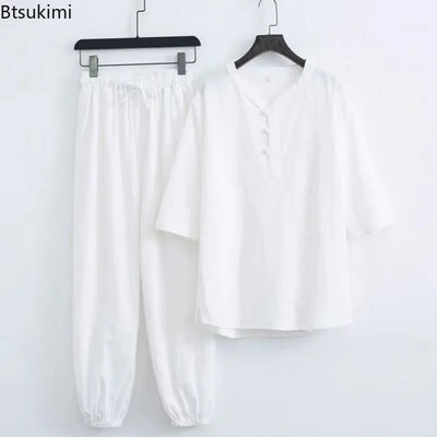 New Men's Cotton Linen Sets Chinese Style Solid Short Sleeve Pants Two Pieces Traditional Clothes Kung Fu Uniform Tang Suit Male
