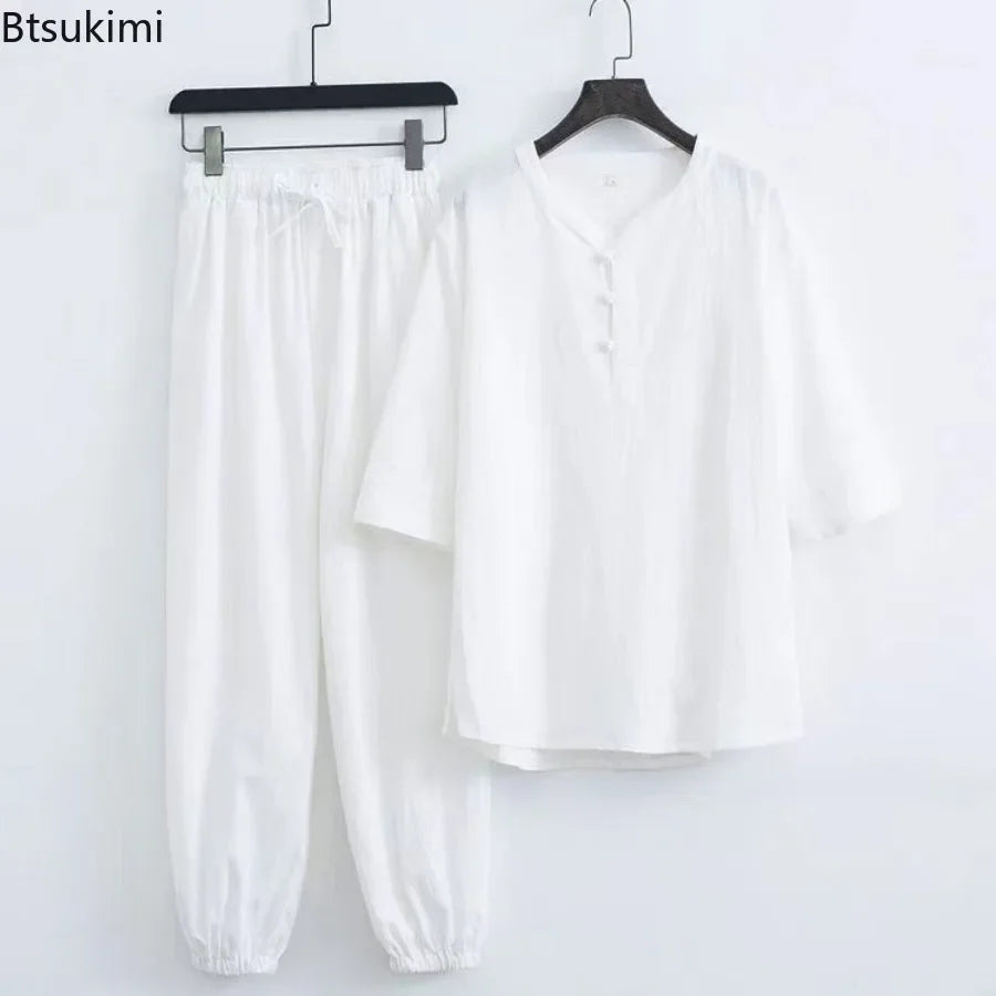 New Men's Cotton Linen Sets Chinese Style Solid Short Sleeve Pants Two Pieces Traditional Clothes Kung Fu Uniform Tang Suit Male