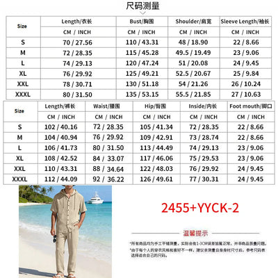 American Summer Men's Linen Casual Set Short-Sleeved Shirt And Long Pants 2-Piece Comfortable Loose Fit for Men