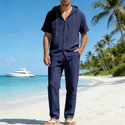 American Summer Men's Linen Casual Set Short-Sleeved Shirt And Long Pants 2-Piece Comfortable Loose Fit for Men