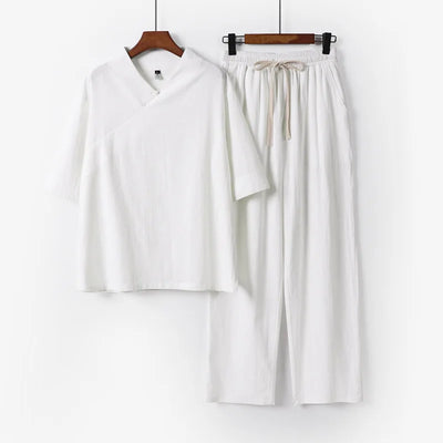 Linen Sets Men Sprint Summer T-shirt Pants Suits Casual Solid Color Suits Male Plus Size 9XL Chinese Traditional Style Sets