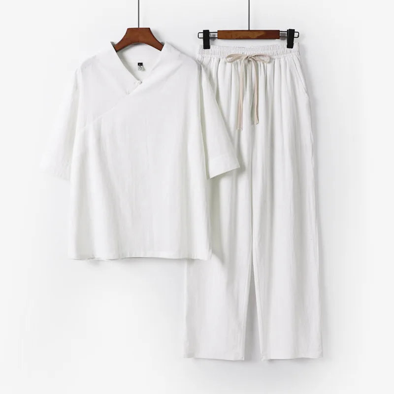 Linen Sets Men Sprint Summer T-shirt Pants Suits Casual Solid Color Suits Male Plus Size 9XL Chinese Traditional Style Sets