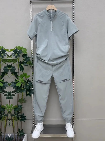 2025 Summer Breathable ice Silk Casual Sportswear Set, fashionable zipper quick-drying casual long pants and short-sleeved 2pcs