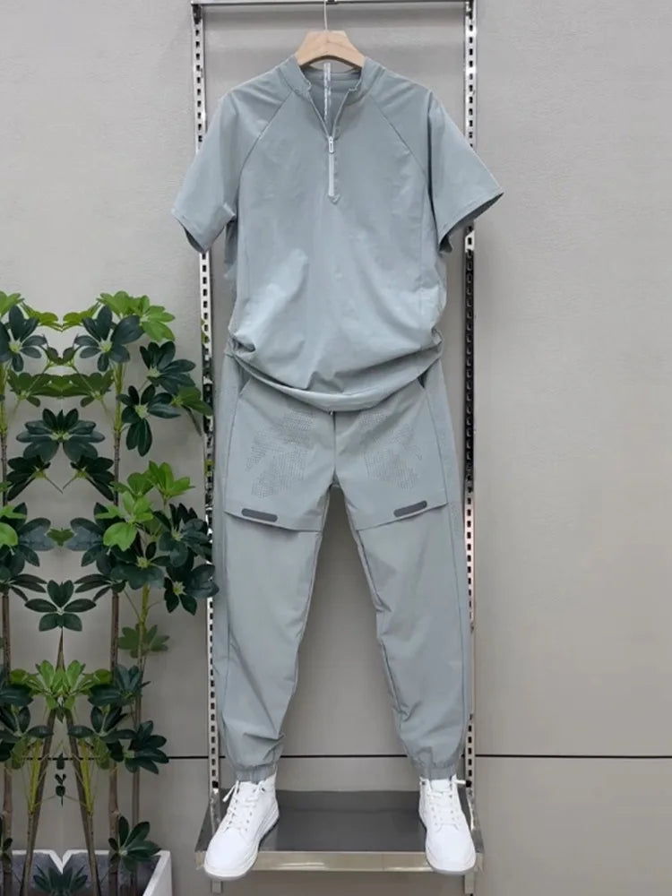 2025 Summer Breathable ice Silk Casual Sportswear Set, fashionable zipper quick-drying casual long pants and short-sleeved 2pcs