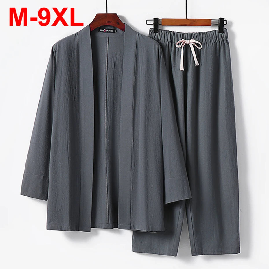 9XL Plus Size Shirts Pants Sets Japan Style Cotton Linen Kimono Suits Man Big Size Summer Shirts and Pants Sets 8XL 7XL