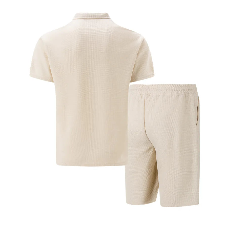 2025 Men Europe and the United States new summer Waffle solid color zip-up lapel short-sleeve suit shorts two sets