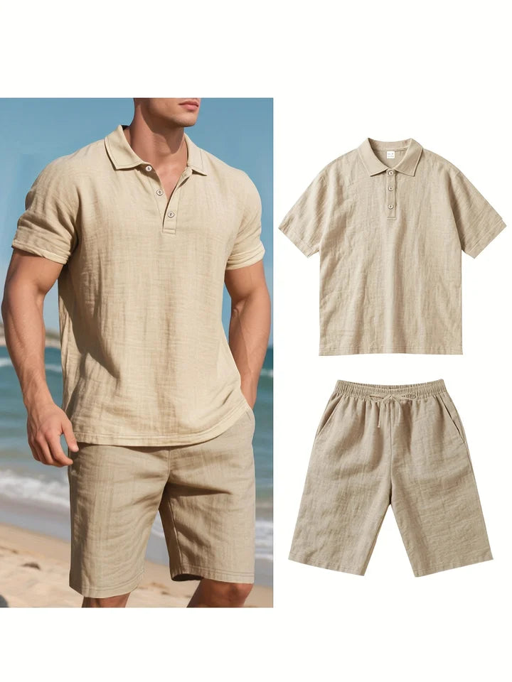 Summer Men Suit Fashion Linen Lapel Button 2 Piece Set Short-sleeved Polo Shirts+Shorts Sportswear Beach Man Suit