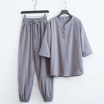New Men's Cotton Linen Sets Chinese Style Solid Short Sleeve Pants Two Pieces Traditional Clothes Kung Fu Uniform Tang Suit Male