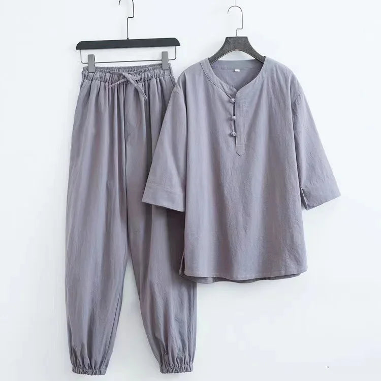 New Men's Cotton Linen Sets Chinese Style Solid Short Sleeve Pants Two Pieces Traditional Clothes Kung Fu Uniform Tang Suit Male