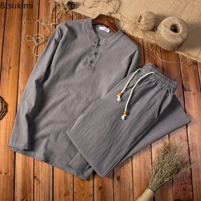 New Men's Chinese Traditional Clothing Breathable Cotton Linen 2PCS Sets Loose Casual Suit Men Tai Chi Kung Fu Costume Tang Suit