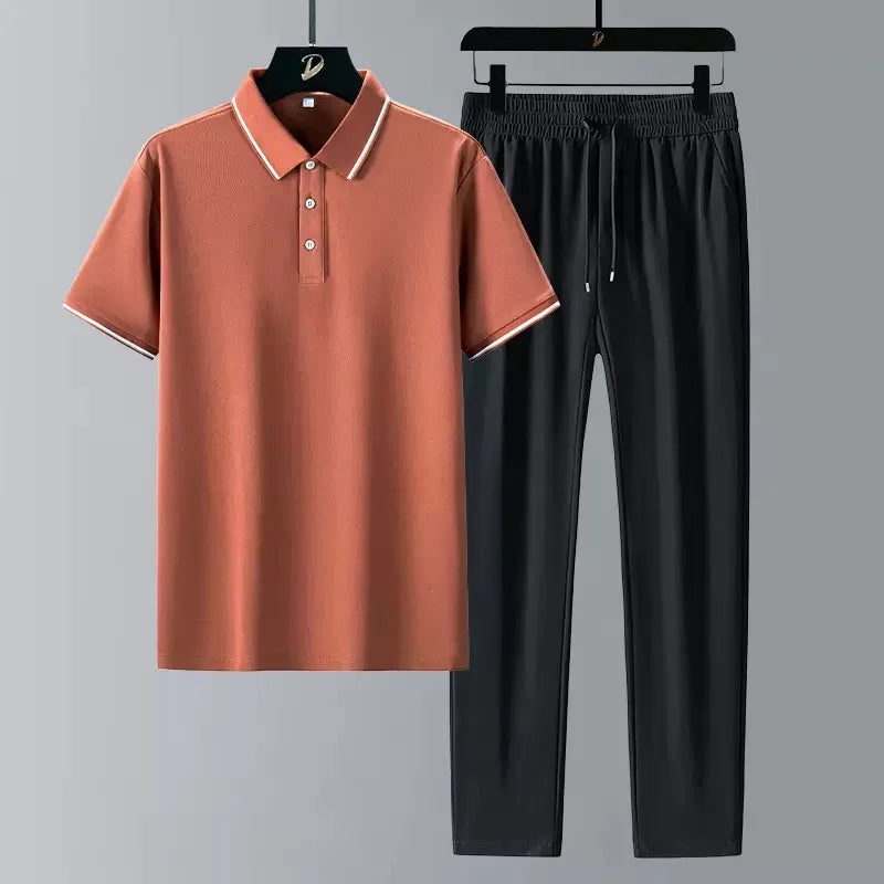 New Summer Fashion Trendy Comfortable Breathable Short Sleeve Polo Shirt Set Men's Casual Loose Sports Plus Size Two-Piece Set