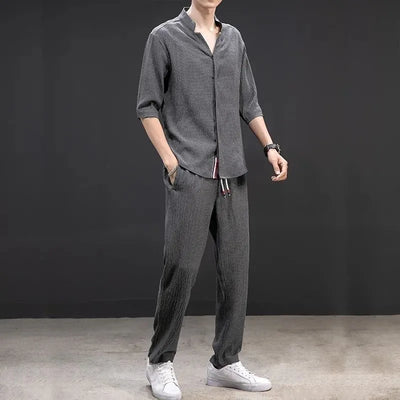 Spring Summer Thin Men Set Two Pieces Ice Silk V Neck Button Half Sleeve Tops Breathble Solid Color Pants Fashion Set