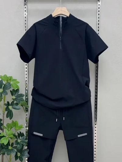 2025 Summer Breathable ice Silk Casual Sportswear Set, fashionable zipper quick-drying casual long pants and short-sleeved 2pcs