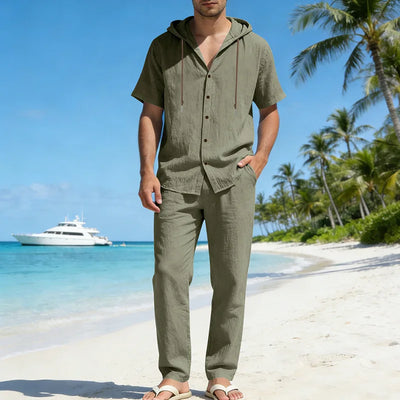American Summer Men's Linen Casual Set Short-Sleeved Shirt And Long Pants 2-Piece Comfortable Loose Fit for Men