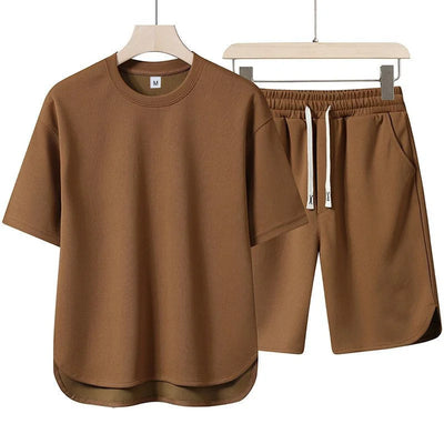 2026 Summer New Men Suit Round Neck Short Sleeve T-shirt+shorts Two Piece Set Loose Outdoor Sports Casual Solid Color Tracksuit