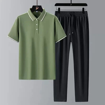 New Summer Fashion Trendy Comfortable Breathable Short Sleeve Polo Shirt Set Men's Casual Loose Sports Plus Size Two-Piece Set