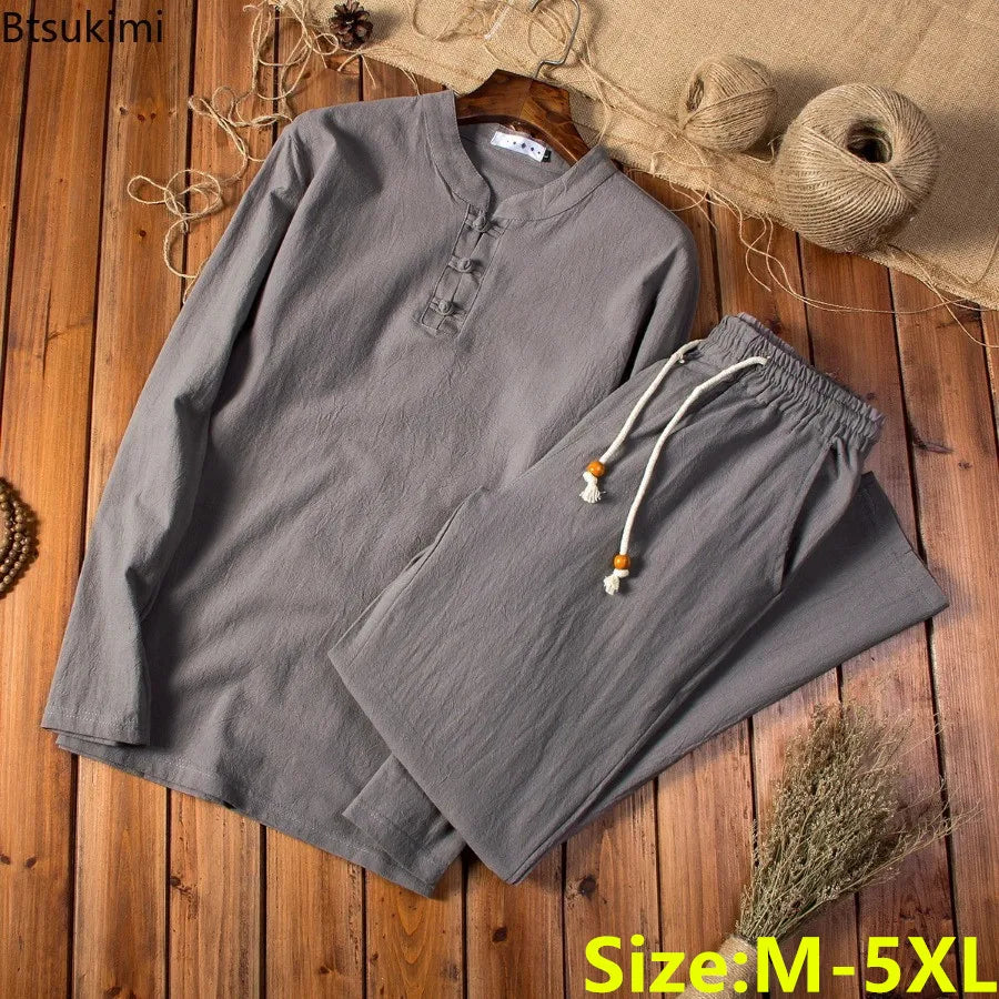 New Men's Chinese Traditional Clothing Breathable Cotton Linen 2PCS Sets Loose Casual Suit Men Tai Chi Kung Fu Costume Tang Suit